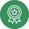 A white outline of an award medal with a star in the center and two ribbons, on a solid green circular background.