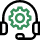 An icon of a black headset with a green gear in the center, symbolizing technical support or customer service.