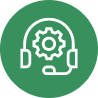 White icon of a headset with a microphone and a gear in the center, symbolizing technical support, on a green circular background.