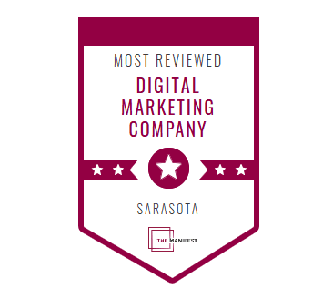 A badge with the text "Most Reviewed Digital Marketing Company Sarasota" in maroon font, with stars and a star icon, and "The Manifest" logo at the bottom.