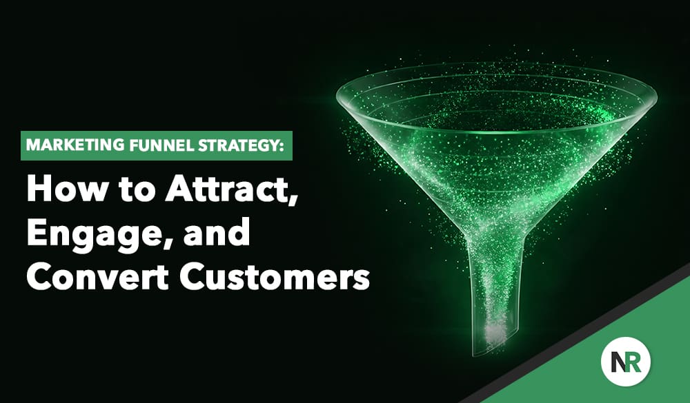 A glowing green funnel made of digital particles on a black background, with text: "Marketing Funnel Strategy: Discover how an effective Marketing Funnel Strategy can attract, engage, and convert customers.