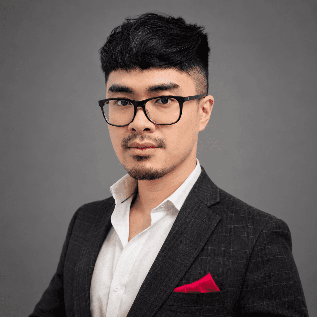 A man with short black hair, wearing glasses, a dark checked blazer, a white shirt, and a bright pink pocket square, poses against a plain grey background.